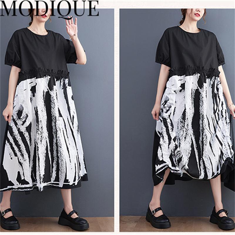 MODIQUE Sommer Pluss Størrelse Ny Kjole Skjorte Kvinner Løs Vintage Bomull Lin Patchwork Kjole Trykk Casual Damekjoler O-Hals