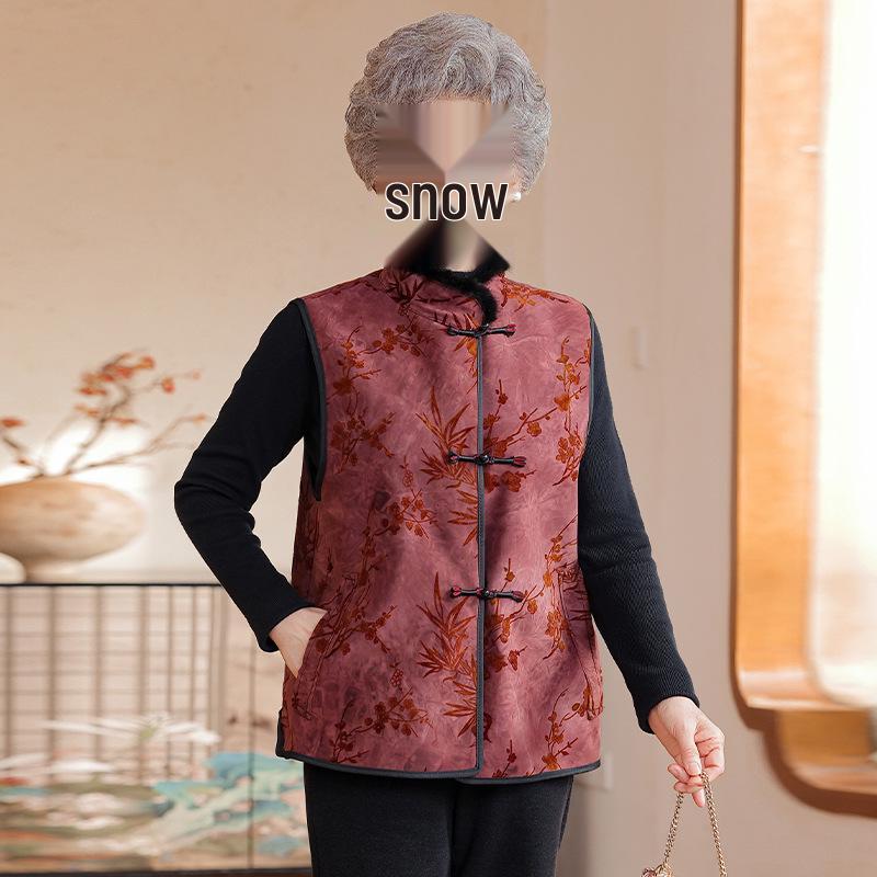 Grandma Winter Women's Mink Fur Collar Vest - Warm, Velvet-Lined, Chinese Style for Mothers and Seniors