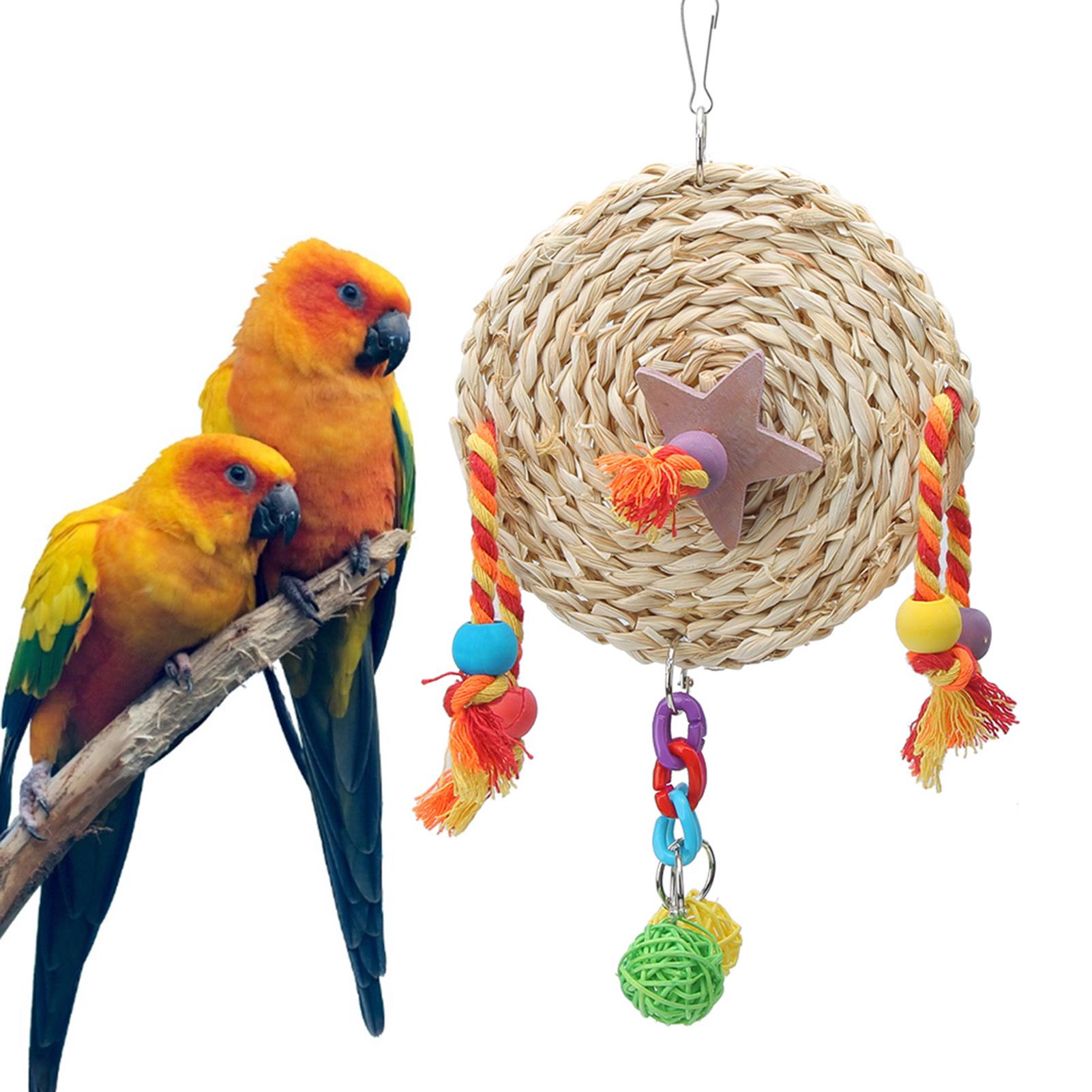 

Pet Non Toxic Straw Plaited Wood Block Chewing Biting Hanging Swing Toy Bird Cage Accessories(S )
