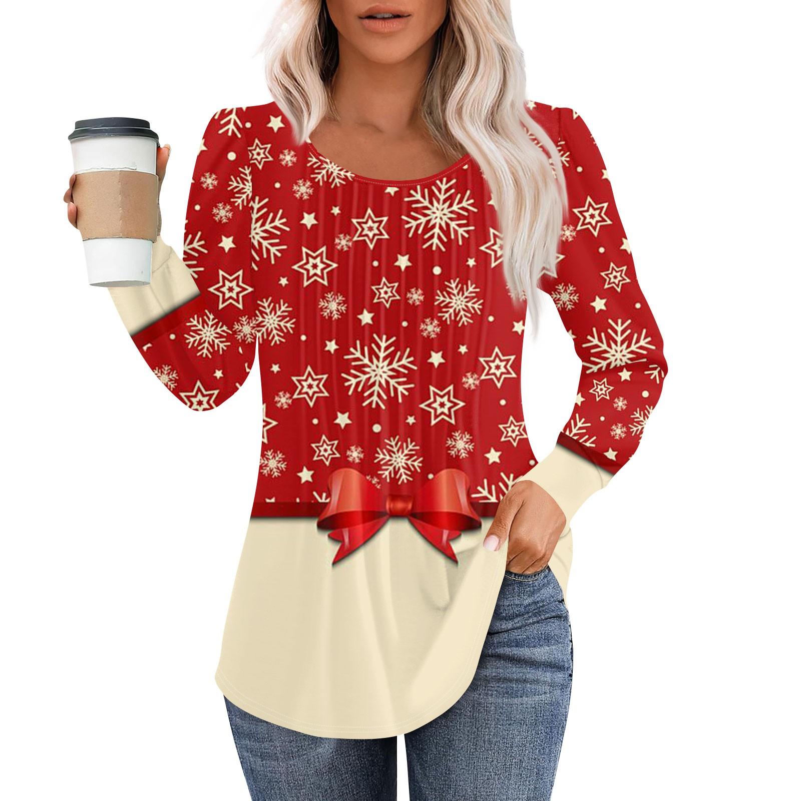 

Женская модная повседневная плиссированная футболка с круглым вырезом и рождественским принтом с длинными рукавами XL розовый