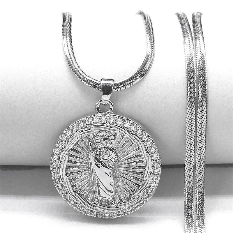 San Judas Tadeo Pendant Necklace for Women Men Saint Jude Thaddeus Stainless Steel Copper Shiny Zircon Religious Jewelry Gifts