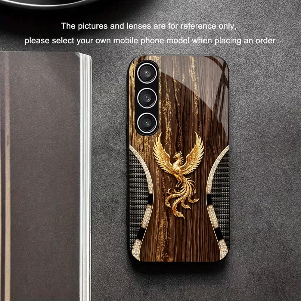 Wood Grain Golden Phoenix phone case glass s26 ultra case s25 ultra case for Samsung Galaxy S26 S25 S24 S23 S22 FE Ultra Plus