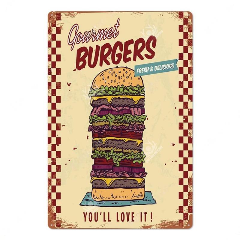 Metal Tin Poster Fast Food Vintage Tin Sign Plaque Metal Retro Plate Hot Dog Poster Wall Decor for Kitchen Cafe Diner Bar