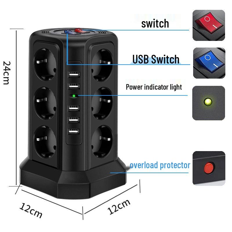 European Standard Power Strip: 3-Layer, 12 Sockets, USB, Extension Cord, Multi-Hole Plug Board