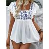 Women's Fashion Casual Summer Spring Flower Pattern Print Short Sleeve Square Collar Blouses & Shirts