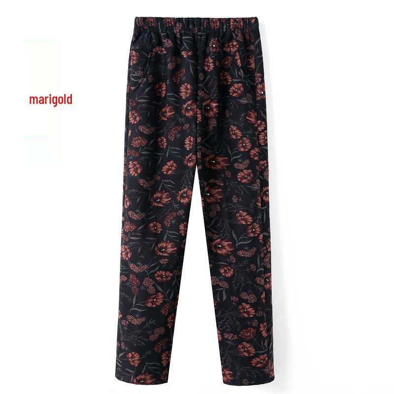 Women's Fleece-Lined Pants, Loose Straight Leg for Middle-Aged/Elderly, Patterned Plus Size, Mom's Style, Fit for All Seasons (Spring, Autumn, Winter)