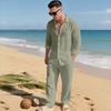 Mens Linen Two Piece Set Long Sleeve Button Down Shirt with Collar and Pocket Relaxed Fit Drawstring Waist Pants Beach Outfit