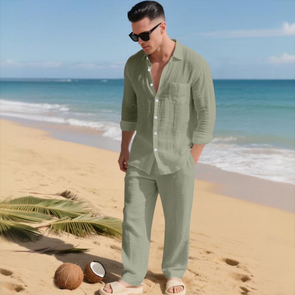 Mens Linen Two Piece Set Long Sleeve Button Down Shirt with Collar and Pocket Relaxed Fit Drawstring Waist Pants Beach Outfit