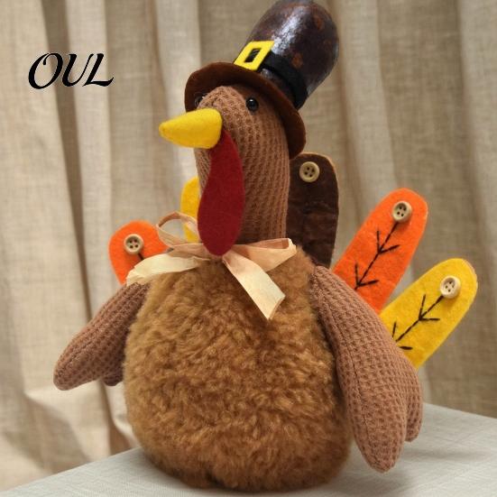 Plush Turkey Toy for Thanksgiving, Harvest Festival Fall Stuffed Decorative with Pilgrim Hat, Plushie Table Centerpiece Decoration Decor