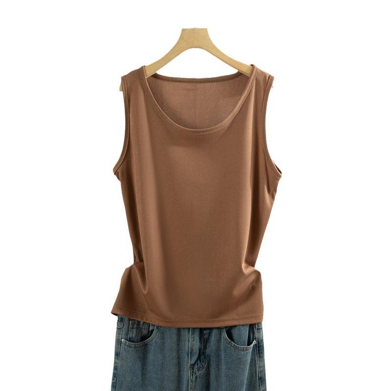 Women's Plus Size Ice Silk Ribbed Sleeveless Tank Top with Wide Shoulders, Round Neck, Ideal for Summer Outerwear or Innerwear.