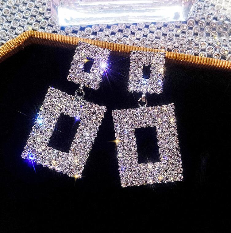 Rscvonm Luxury Shining Crystal Drop Earrings Gold  Color Square Rhinestone Dangle Earrings For Women Wedding Party Jewelry