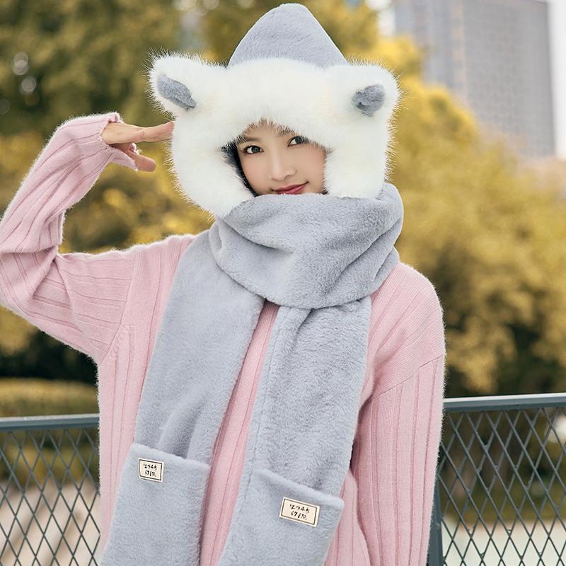 Cartoon Welpen Plüschmütze mit Schal und Handschuhen Set - Langohr-Design