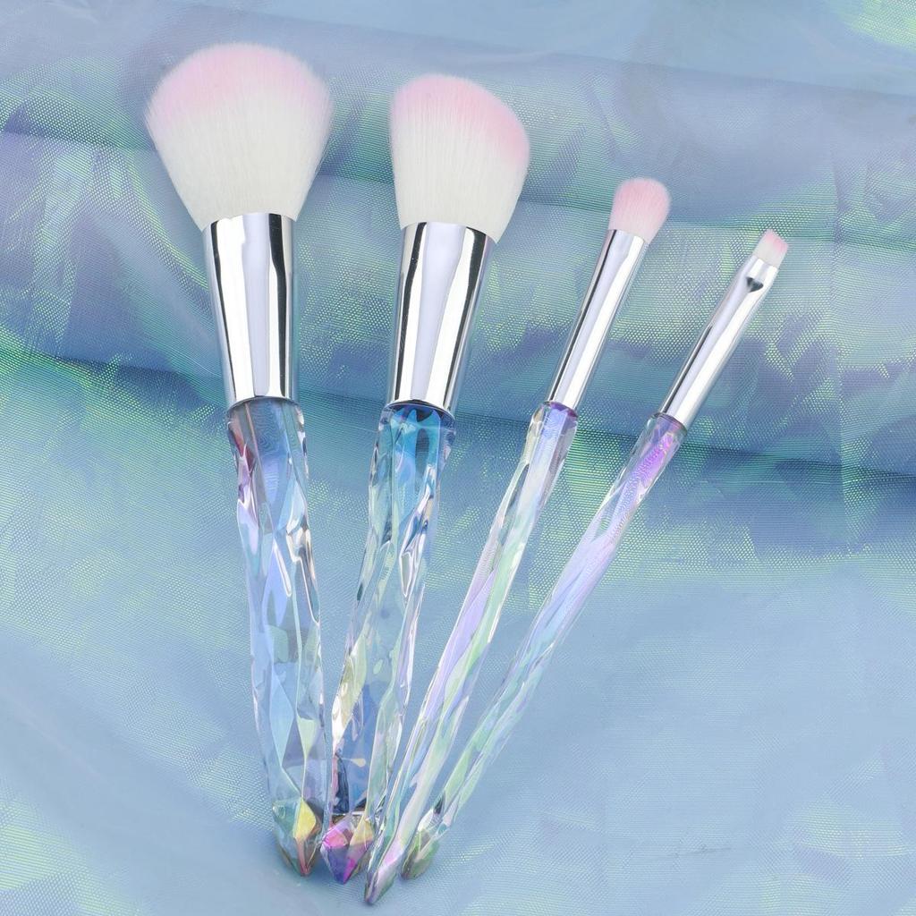 4-Piece Crystal Handle Makeup Brush Set: Eyeshadow, Foundation, Powder, Contour, and Eyebrow Brushes.