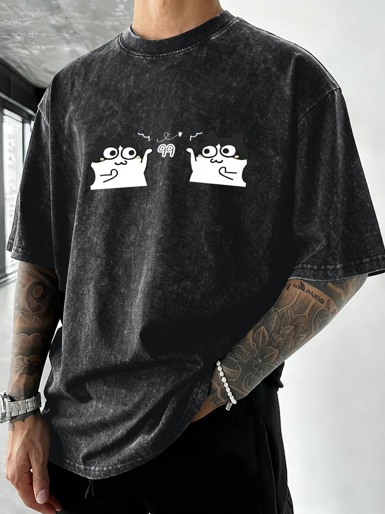 Cute Cartoon Cats Print Men Washed TShirts Cotton Vacation T Shirt Loose Soft Short Sleeves Summer Crewneck Man Streetwear