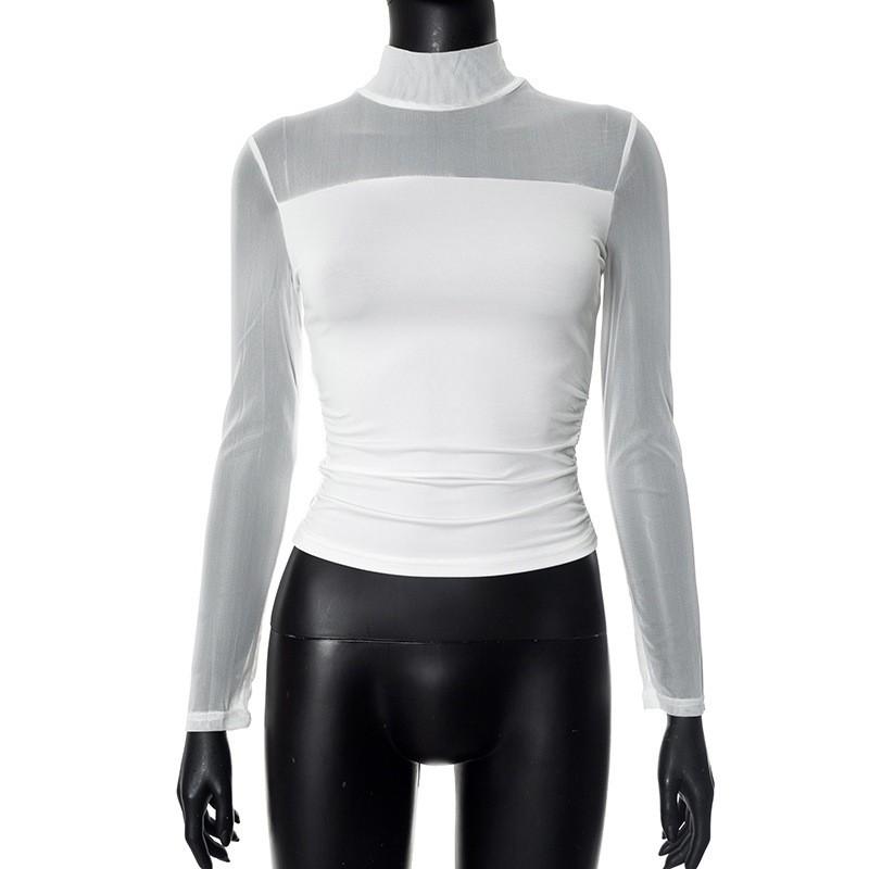 Womens Long Sleeve Basic T Shirt With Sheer Panel And High Neck For Casual Wear