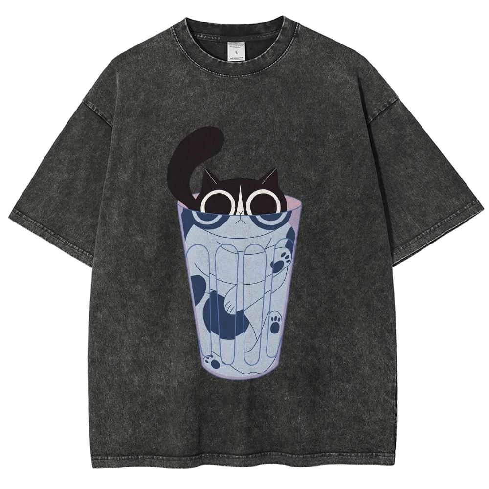 Round Neck Shirt Oversize Unisex Fit Washed T-Shirt Animal Lover Customscool Cat Pattern In Cup Graphic High Street Short Sleeve S разноцветный