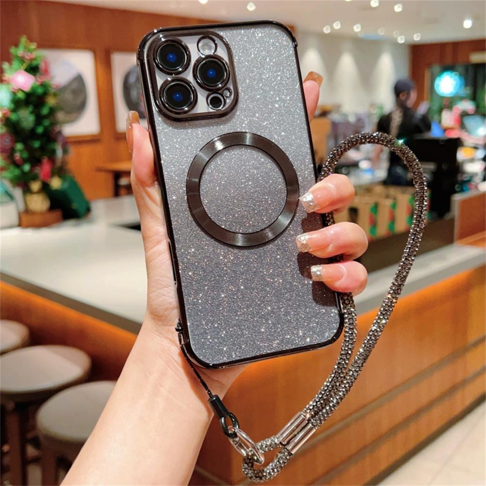

For iPhone 16 Pro Max Case Compatible with MagSafe Electroplated Gradient Glitter Phone Cover with Lanyard C