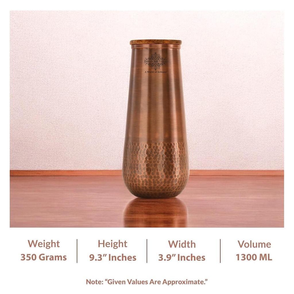 Butelka na wodę do sypialni z czystej miedzi z drewnianą pokrywką, design wazonu Aqua Pojemność 1300 ml (Pakiet 2)