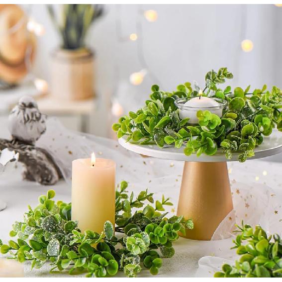 Candle Rings 3" Center Eucalyptus Candle Ring Artificial Mini Wreath Pillar Candle Holder Twig Spring Candle Wreaths for LED Candles Birthday Wedding
