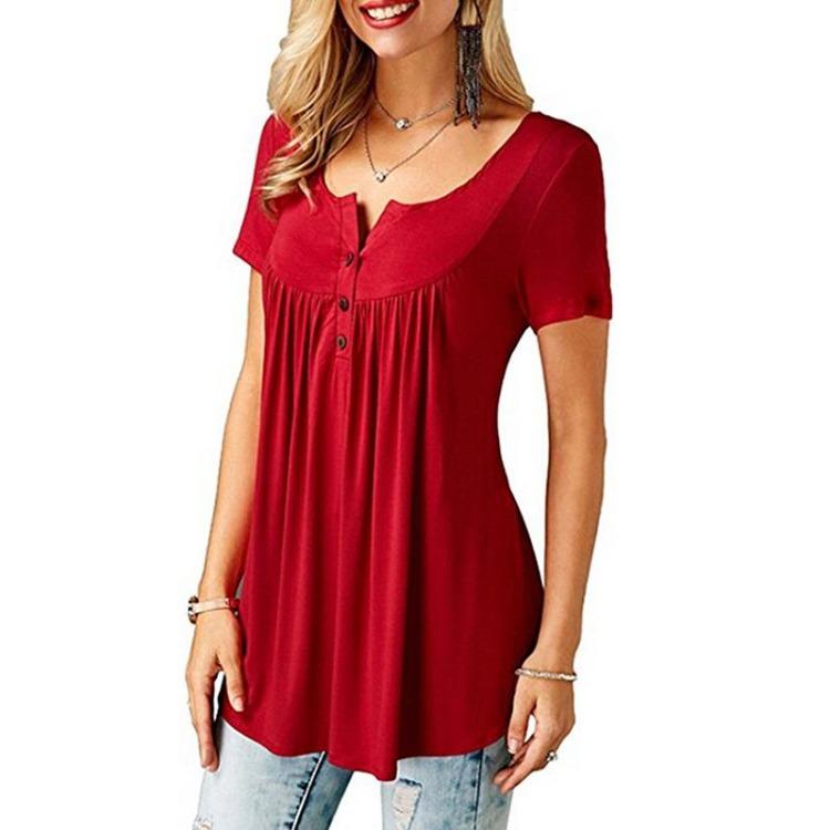Ladies Casual Women Blouse O Neck Shirts Loose Elastic Short Sleeve Tunic Button Top