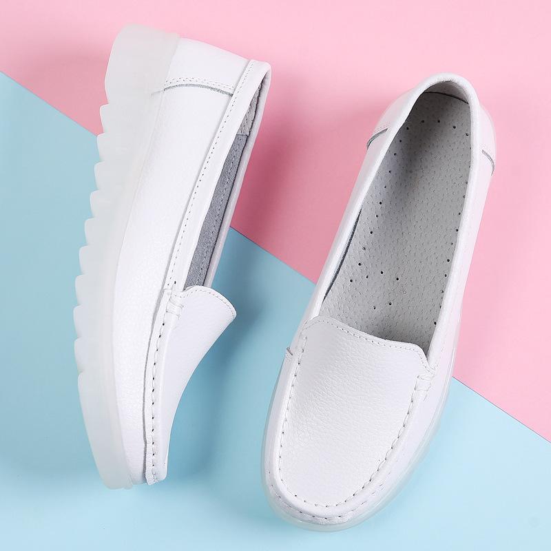 Casual Simple White Hollow Breathable Genuine Leather Flats Platform Loafers Shoes For Women