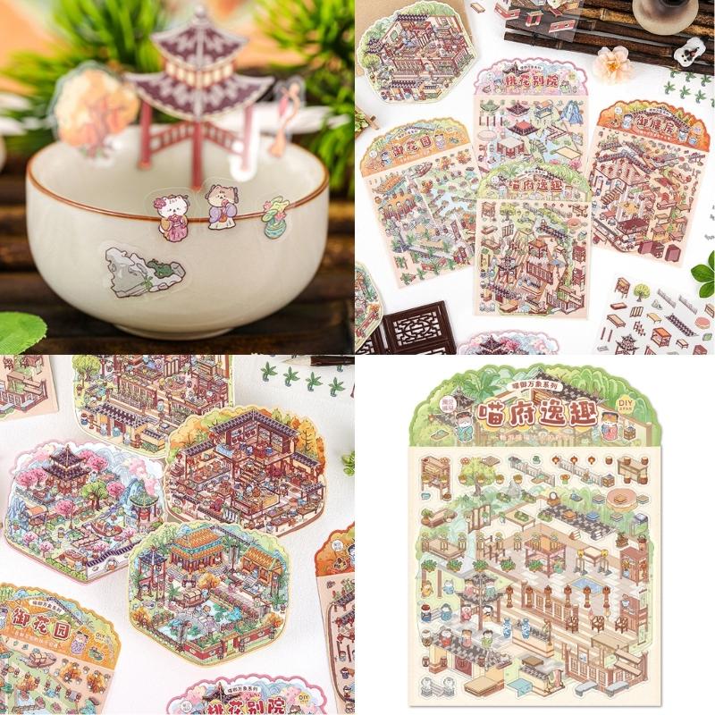 3D Szenenaufkleber Chinesischer Stil Landschaftsaufkleber Katzenhütte Handkontoaufkleber Etiketten Journaling-Zubehör