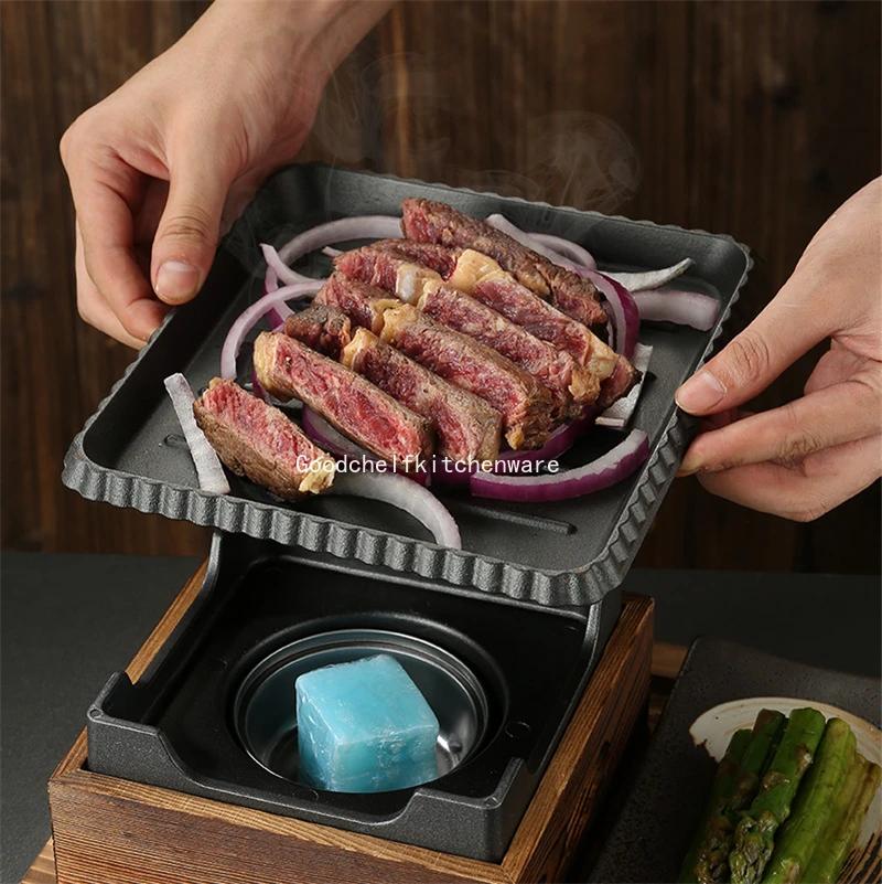 Korean Style Barbecue Stove Set Dining Room Single and Double Tableware Cast Iron Barbecue Plate Square Alcohol Oven Baking Tray