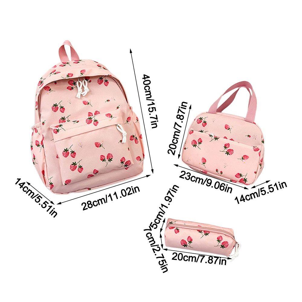 Oxford Cloth Strawberry Backpack Large Capacity Adjustable School Bag Preppy Style with Lunch Bag & Pencil Case Travel Backpack