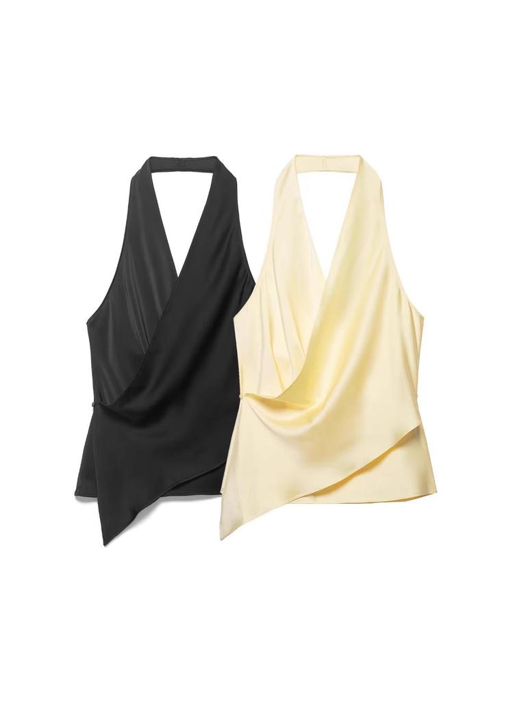 Women's Spring 2026 French Style Silk Satin Asymmetrical Halter Neck Sleeveless Top