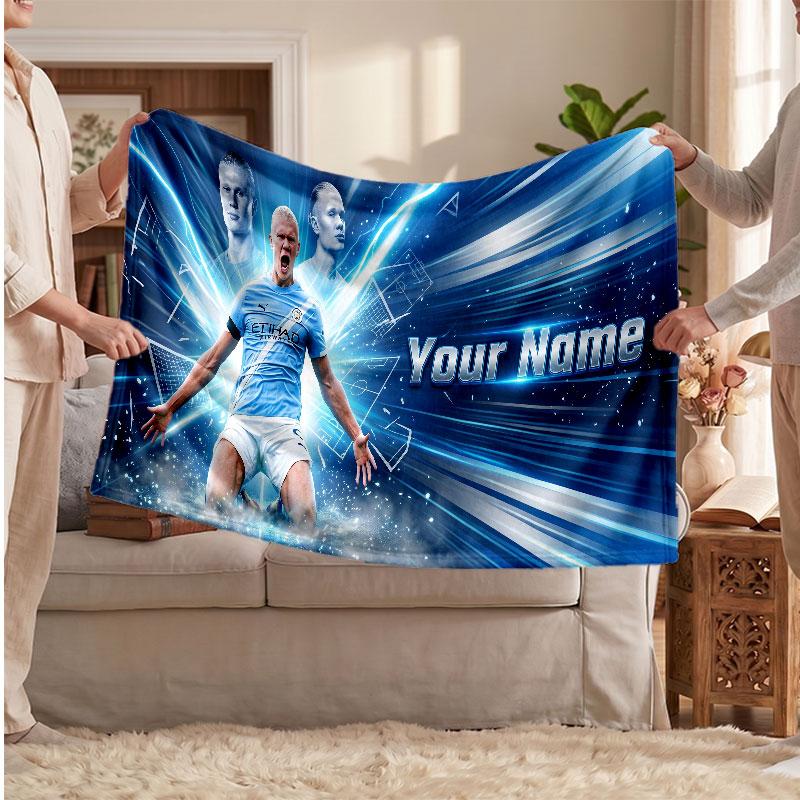 Erling Haaland Personalized Fleece Blanket With Football Logo, Custom Name Text Soft Warm Home Throw Blanket