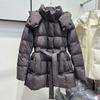 Winter new waist lace-up down jacket women's medium and long hooded loose thickened white duck down thin coat