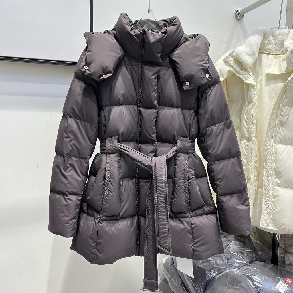 Winter new waist lace-up down jacket women's medium and long hooded loose thickened white duck down thin coat