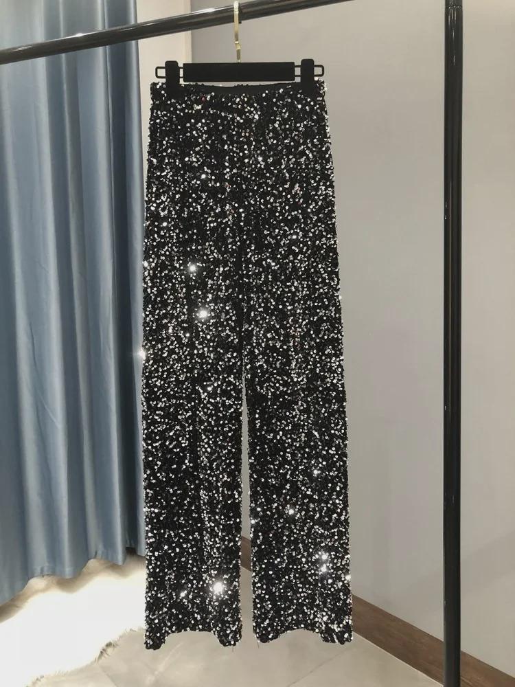 Women's Korean Velvet Sequin Wide-Leg Pants – Thick, Shiny, Extended Straight Fit for Autumn and Winter