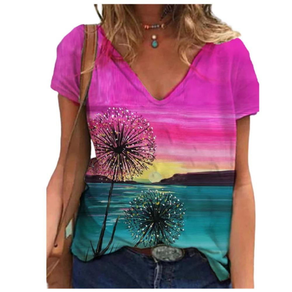 Women's Summer T-shirt Fashion 3d Plant Print Streetwear Women's Casual V-neck Short-sleeved Loose Top T-shirt 2025