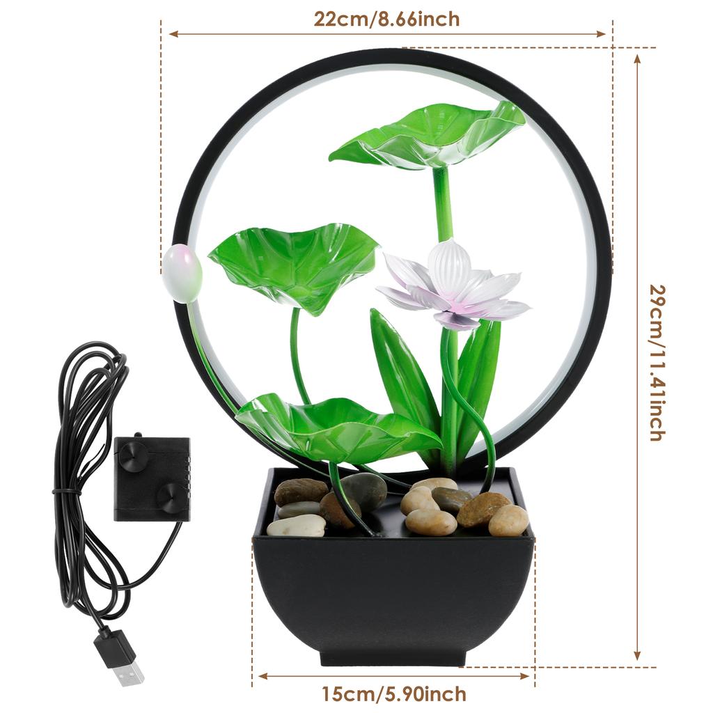 Water Lily Tabletop Fountain With Natural Stone USB Charging Desk Fountain With Built In Pump 3 Tiers Green Leaf Waterfall