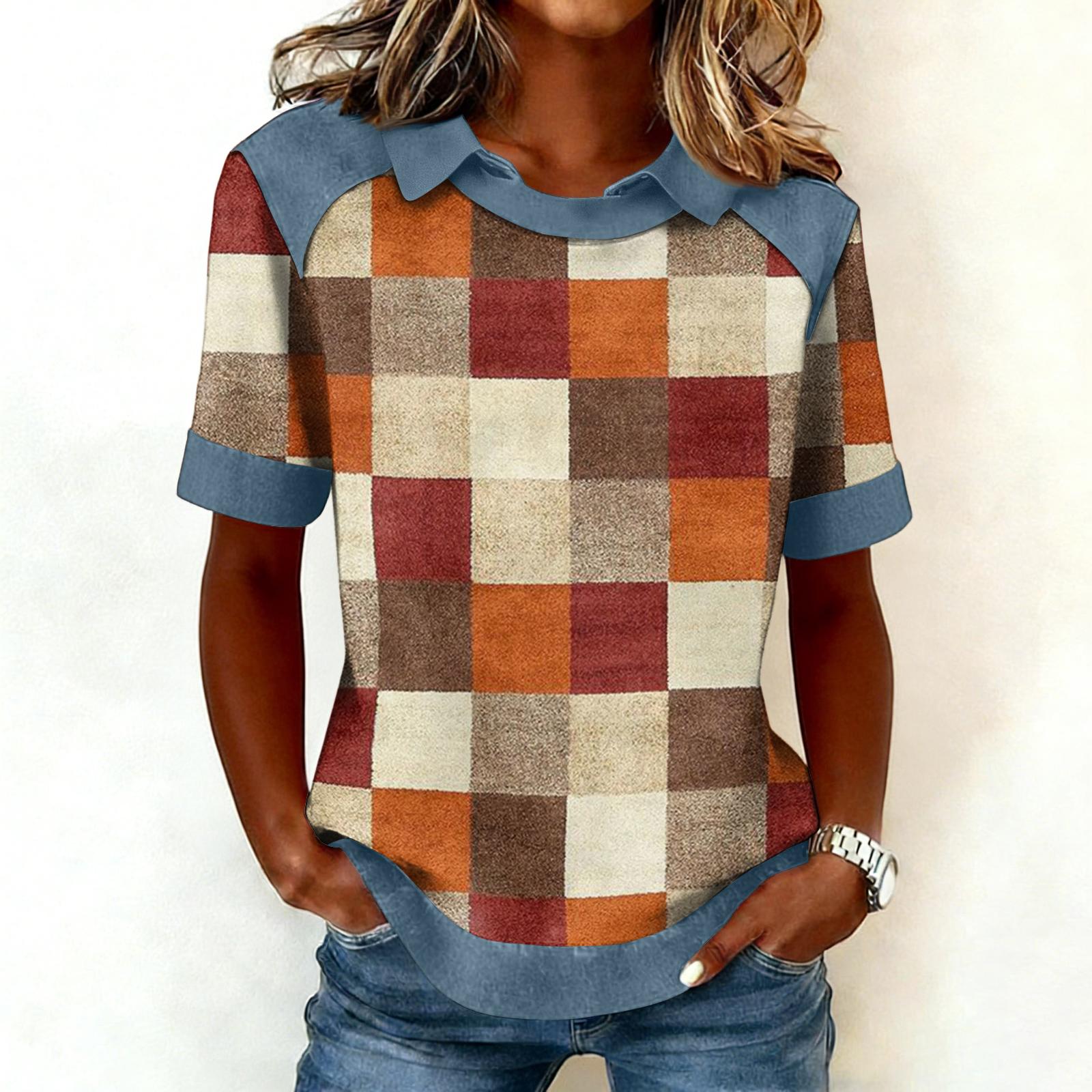 

Женская модная ковбойская толстовка с воротником и вставками, повседневная толстовка с принтом, рубашка с коротким рукавом, топ L хаки