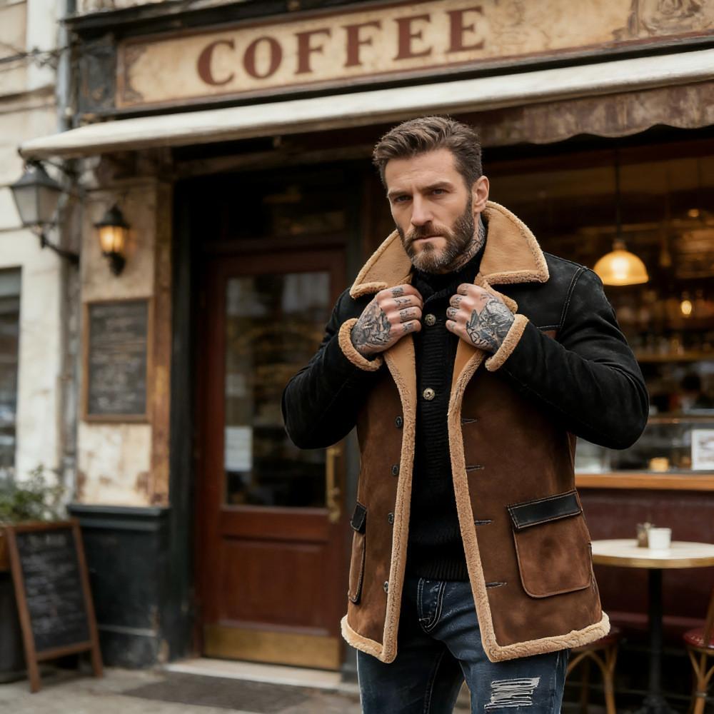 Vintage Suede Leather Jacket For Men With Colorblock Design For Fall Winter Wear