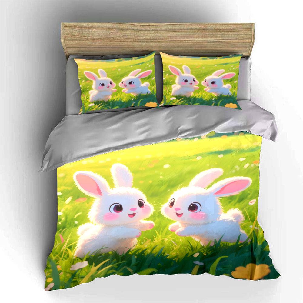 Cute Rabbit Trio Decoration Set Soft Comfortable Duvet Cover Bedding Set Included 1*Duvet Cover & 2*Pillowcases, Gift
