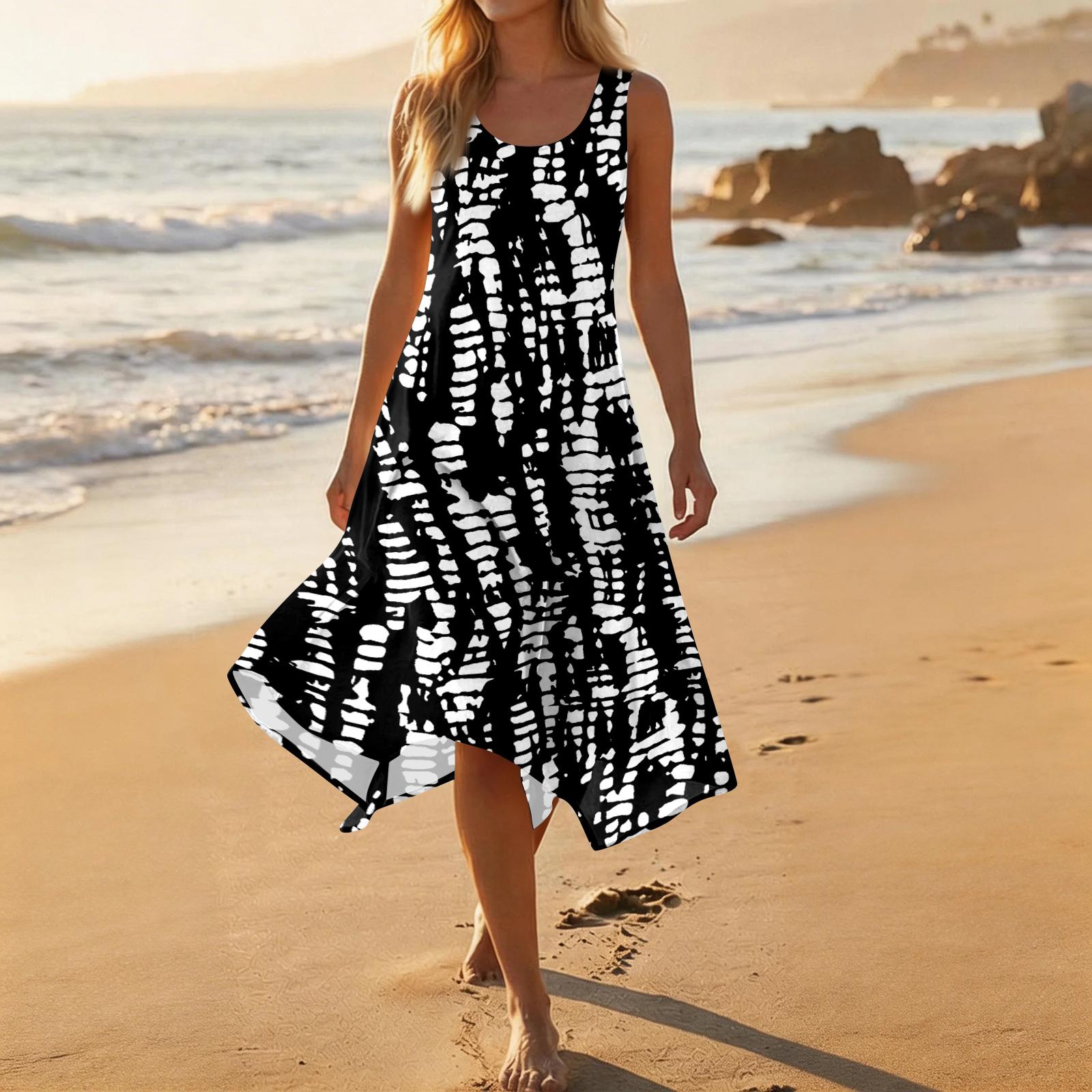 

Sleeveless Loose Fit Midi Dress with Abstract Print for Women Casual Summer Lightweight Flowy Sundress Round Neck L чёрный