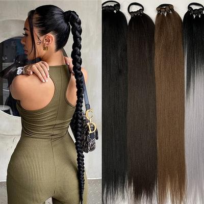 26 Inch Synthetic Fiber Long Yaki Ponytail Extensions Boxing Braids Hairpieces Wrap Around Rubber Band Hair Ring Black