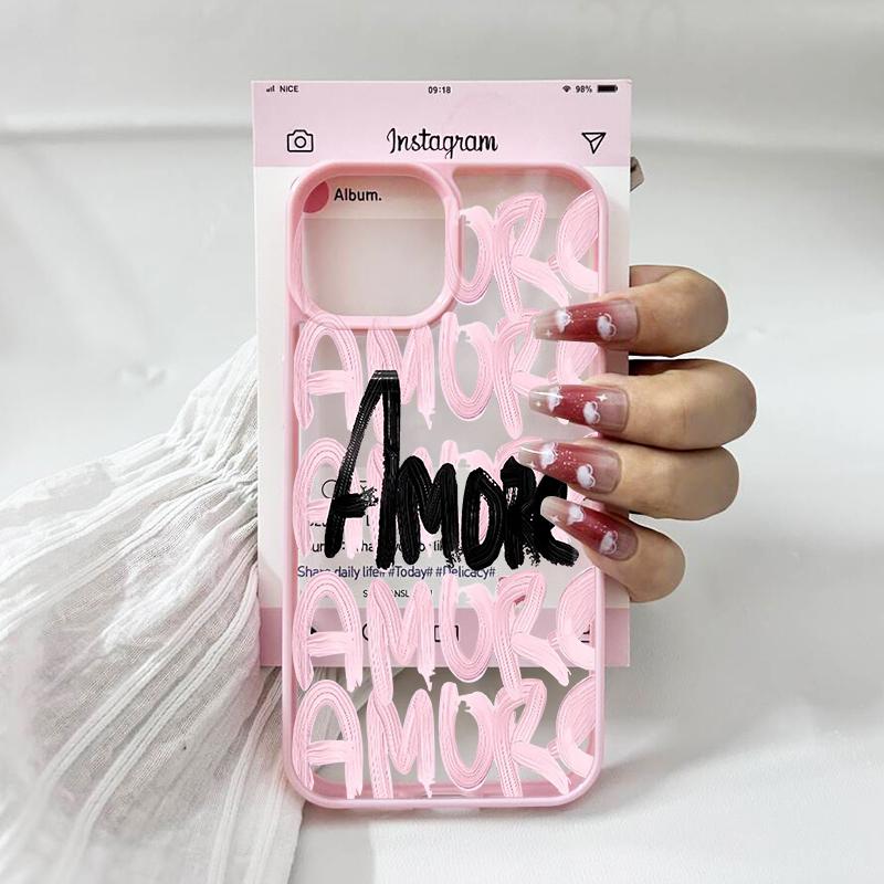 Amore-Love Italian Romantic Pink Lettering Phone Case for IPhone 16 12 13 Mini 11 17 14 15 Pro Max XR 7 8 Plus Shockproof Cover