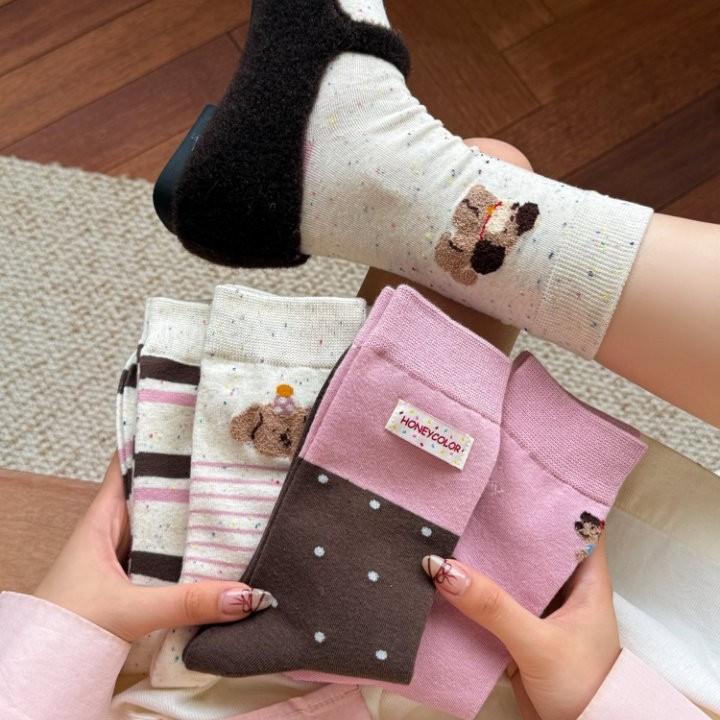 Pink Pure Cotton, Trendy and Cute Cartoon Idea Gauze Label Puppy Socks, Women's Autumn Mid-calf Socks, Dui Dui Long Socks