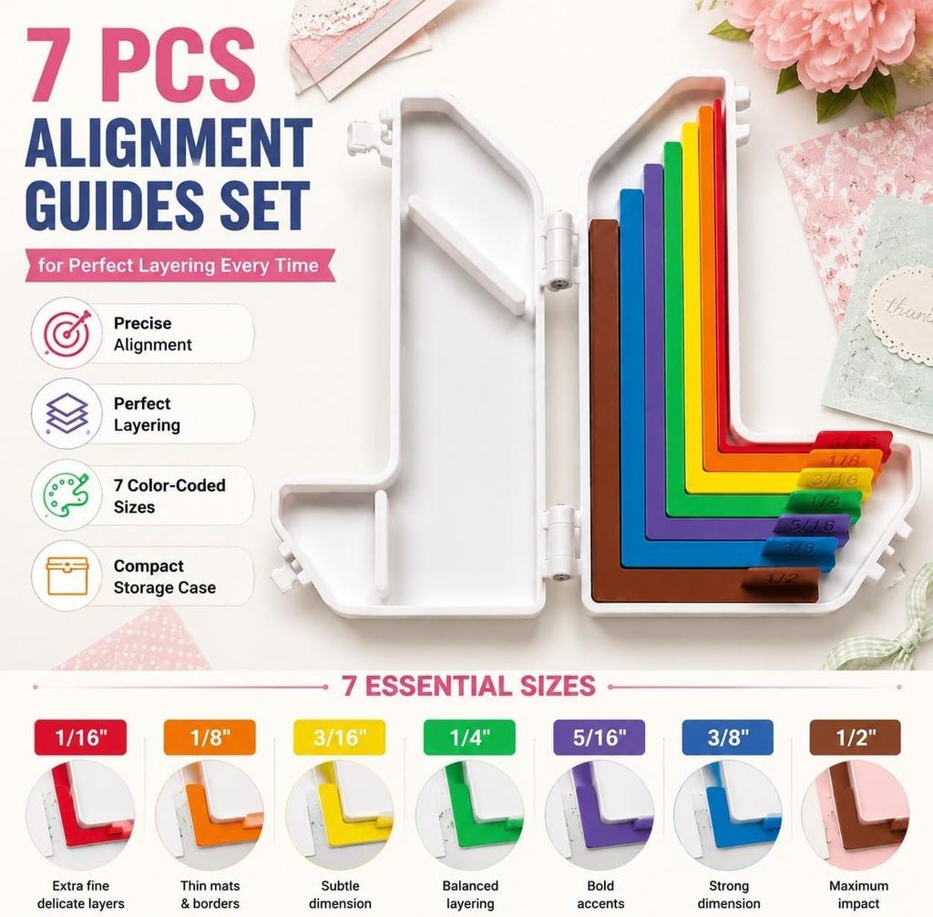 Paper Crafting Alignment Guide Set: 7-Piece Layering Tool with Hardshell Case - Color Coded Templates from 1/16 To 1/2 Inch for Card Making Scrapbook