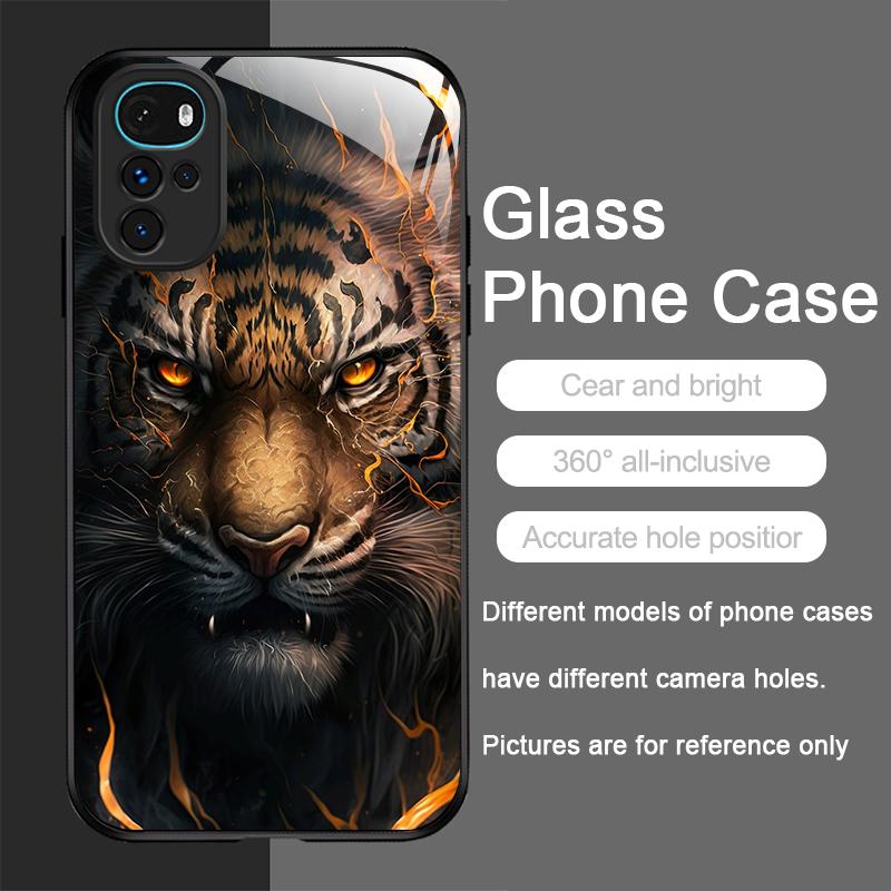 Golden Black Tiger Stripe Flame Print Tempered Glass Phone Case for Motorola Moto G85 G84 G75 Edge 50 Fusion 40 Neo 30 Pro Cover