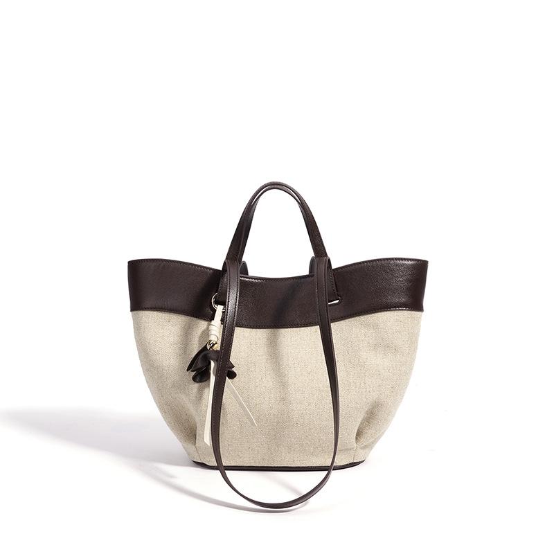 Bag Women's Contrast Color Retro Soft Leather Linen Large Capacity Tote Bag Portable Shoulder Underarm Bag