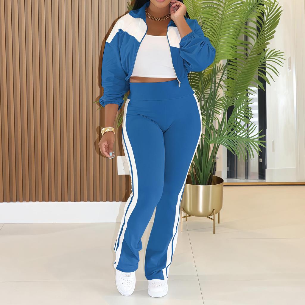 Women's Sports Casual Patchwork Set: Long Sleeve Zipper Jacket & Two-Piece Outfit