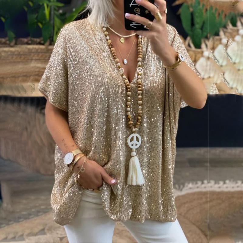 

Summer Ladies Short-sleeved Breathable Fashion Loose-fitting Pullover Sequined V-neck T-shirt Top XL золотой