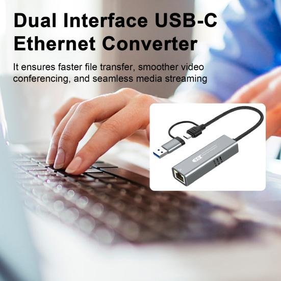 USB/Type-C to Ethernet Adapter 5000Mbps High Speed Dual Interface Universal Ethernet Adapter