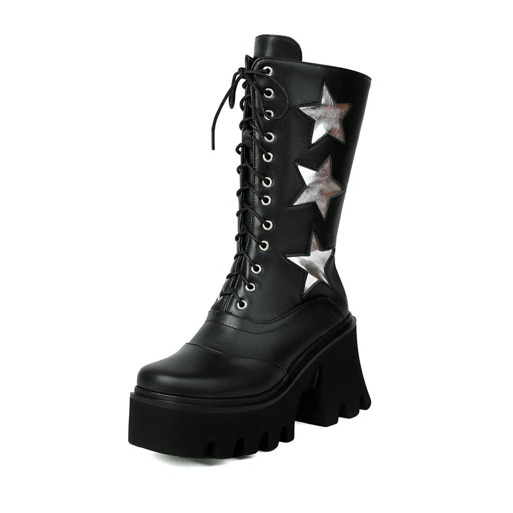 Winter Paltform Boots Women's Punk Silver Black Mid Calf Boots Starts Decor Wedges Shoes