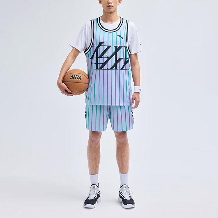 Anta Lighthearted Series Logo Letter Pattern Striped Tank Top And Shorts Basketball Suit Men Sportswear Light-Jade-Purple 152321205-4